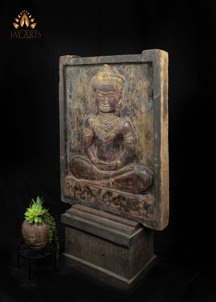 43" Double-Sided Cambodian Buddha & Vishnu Wood Panel | Hand-carved in Old Wood Rustic Finish