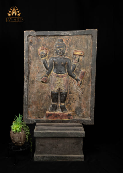 43" Double-Sided Cambodian Buddha & Vishnu Wood Panel | Hand-carved in Old Wood Rustic Finish
