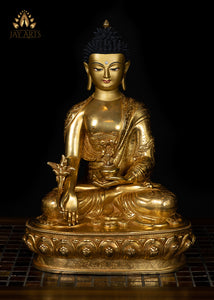 13" Medicine Buddha Gold Gilded Copper Statue Handcrafted in Nepal