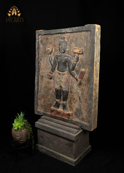 43" Double-Sided Cambodian Buddha & Vishnu Wood Panel | Hand-carved in Old Wood Rustic Finish