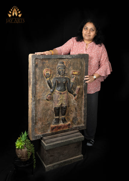 43" Double-Sided Cambodian Buddha & Vishnu Wood Panel | Hand-carved in Old Wood Rustic Finish