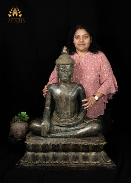 39" Large Khmer Bronze Buddha Statue in Bhumisparsha Mudra with Antique Patina