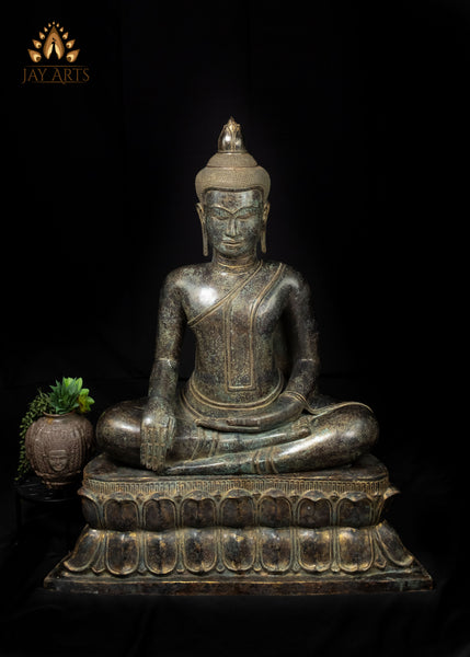 39" Large Khmer Bronze Buddha Statue in Bhumisparsha Mudra with Antique Patina