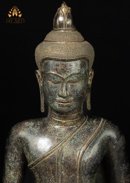 39" Large Khmer Bronze Buddha Statue in Bhumisparsha Mudra with Antique Patina