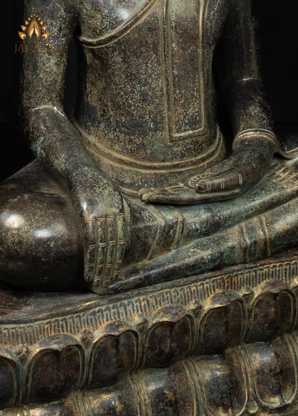39" Large Khmer Bronze Buddha Statue in Bhumisparsha Mudra with Antique Patina