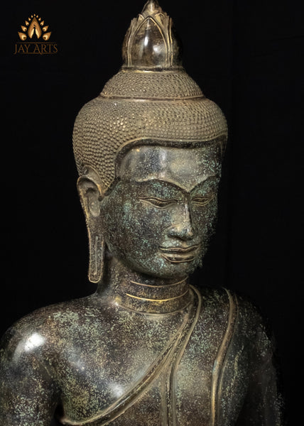 39" Large Khmer Bronze Buddha Statue in Bhumisparsha Mudra with Antique Patina