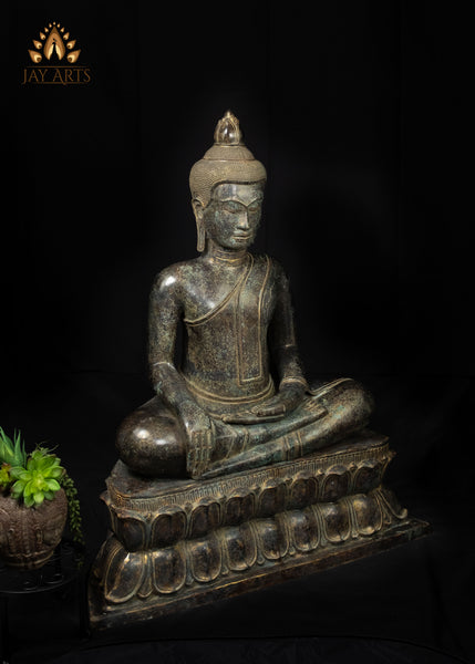39" Large Khmer Bronze Buddha Statue in Bhumisparsha Mudra with Antique Patina