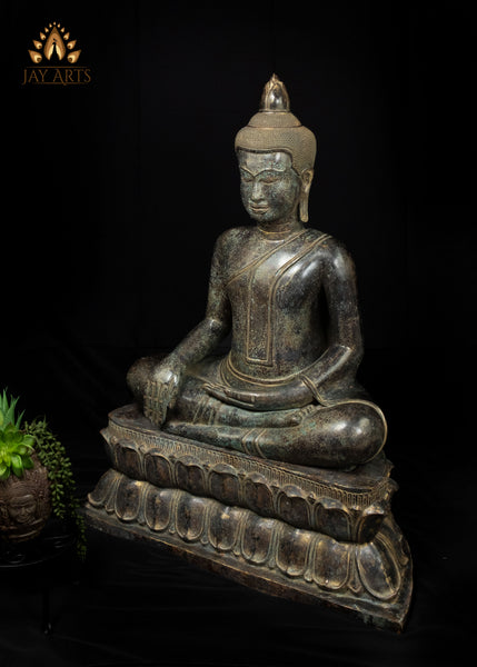 39" Large Khmer Bronze Buddha Statue in Bhumisparsha Mudra with Antique Patina