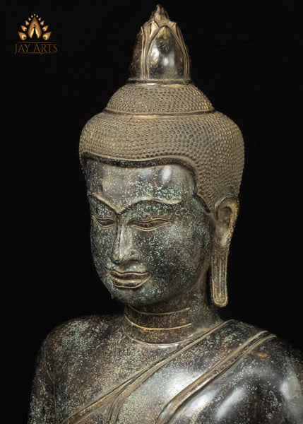 39" Large Khmer Bronze Buddha Statue in Bhumisparsha Mudra with Antique Patina
