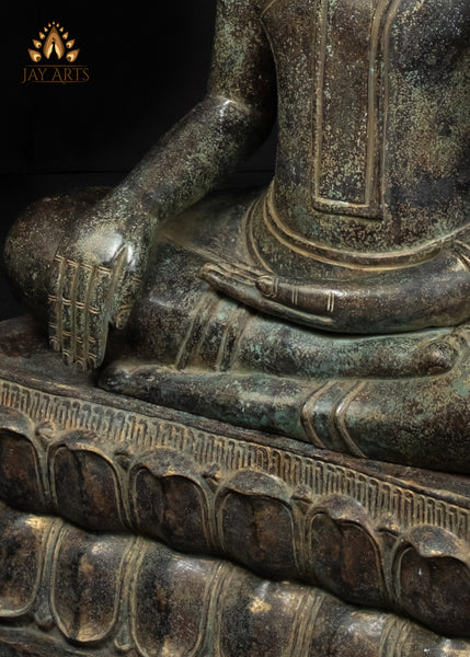 39" Large Khmer Bronze Buddha Statue in Bhumisparsha Mudra with Antique Patina