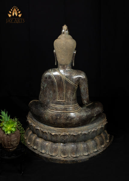 39" Large Khmer Bronze Buddha Statue in Bhumisparsha Mudra with Antique Patina