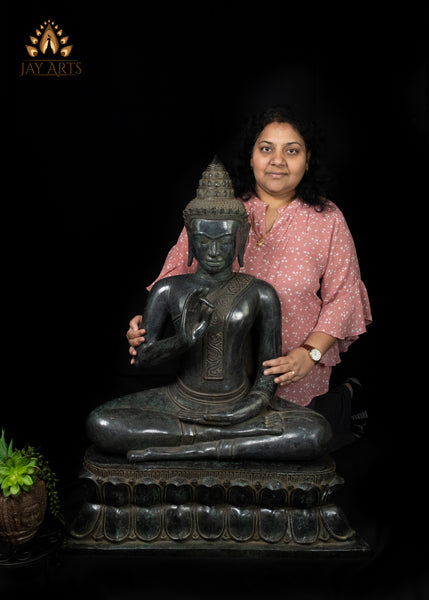 40" Large Khmer Bronze Buddha Statue in Akasha Mudra with Antique Black Patina