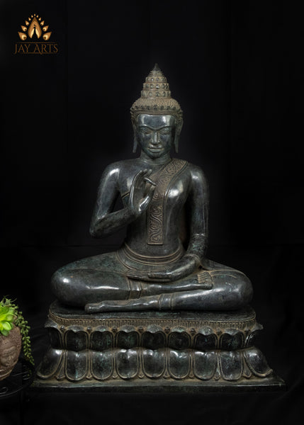 40" Large Khmer Bronze Buddha Statue in Akasha Mudra with Antique Black Patina
