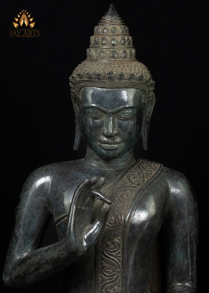 40" Large Khmer Bronze Buddha Statue in Akasha Mudra with Antique Black Patina