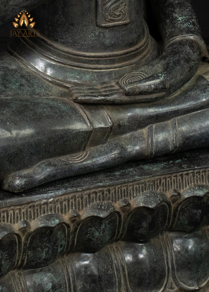 40" Large Khmer Bronze Buddha Statue in Akasha Mudra with Antique Black Patina