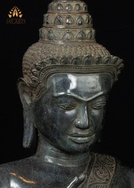 40" Large Khmer Bronze Buddha Statue in Akasha Mudra with Antique Black Patina