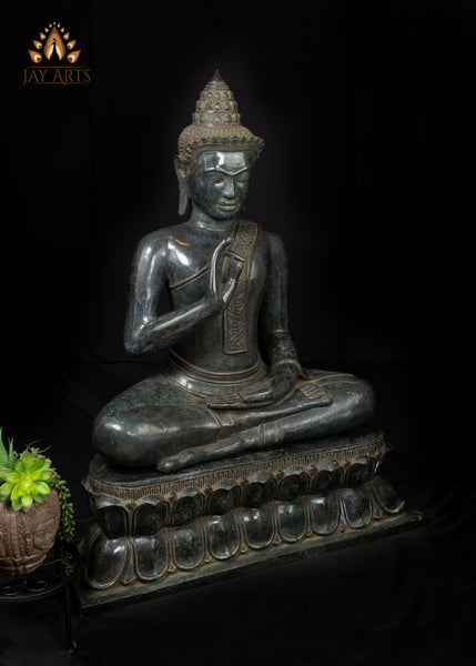 40" Large Khmer Bronze Buddha Statue in Akasha Mudra with Antique Black Patina