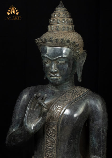 40" Large Khmer Bronze Buddha Statue in Akasha Mudra with Antique Black Patina