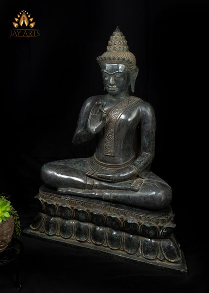 40" Large Khmer Bronze Buddha Statue in Akasha Mudra with Antique Black Patina