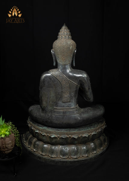 40" Large Khmer Bronze Buddha Statue in Akasha Mudra with Antique Black Patina