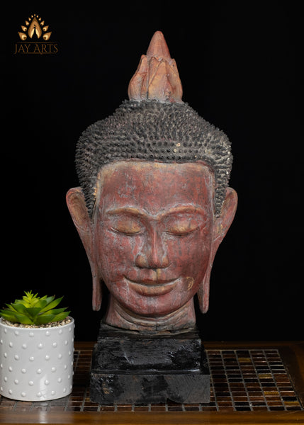 19" Hand-Carved Cambodian Buddha Head in Distressed Red Finish | Authentic Khmer Wood Art