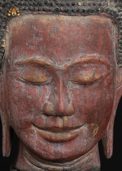 19" Hand-Carved Cambodian Buddha Head in Distressed Red Finish | Authentic Khmer Wood Art