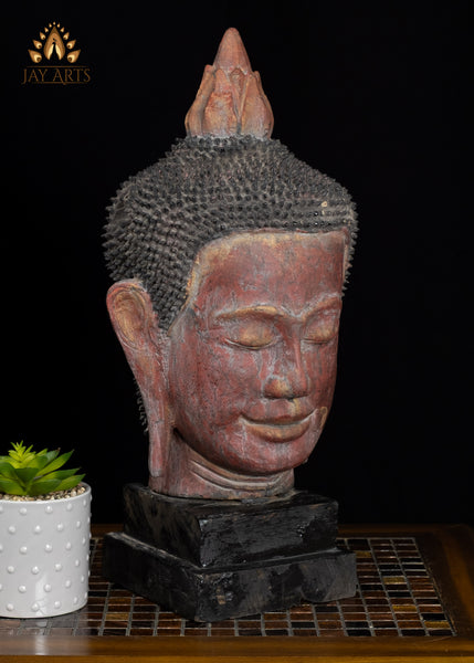 19" Hand-Carved Cambodian Buddha Head in Distressed Red Finish | Authentic Khmer Wood Art