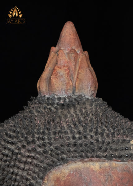 19" Hand-Carved Cambodian Buddha Head in Distressed Red Finish | Authentic Khmer Wood Art