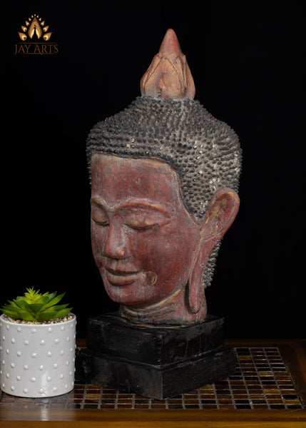 19" Hand-Carved Cambodian Buddha Head in Distressed Red Finish | Authentic Khmer Wood Art