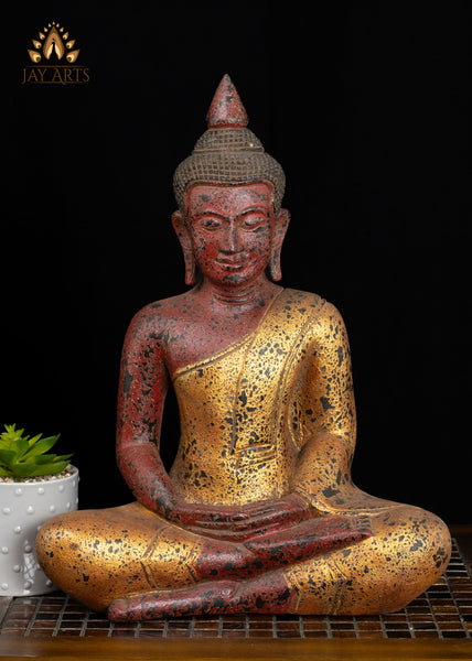 18" Cambodian Wood Buddha in Dhyana Mudra | Hand-Carved Statue Red & Gold Finish