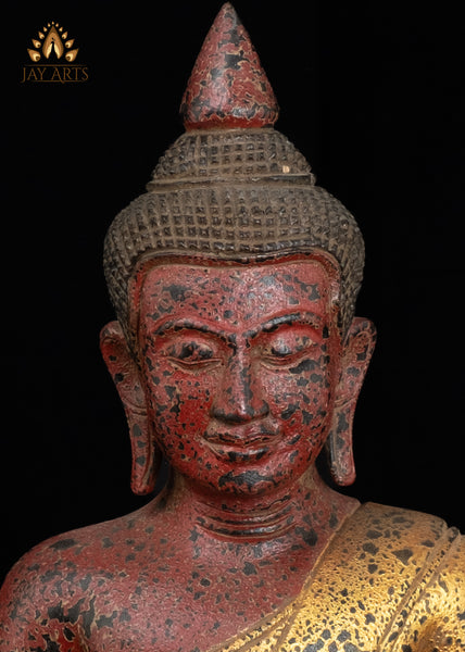 18" Cambodian Wood Buddha in Dhyana Mudra | Hand-Carved Statue Red & Gold Finish