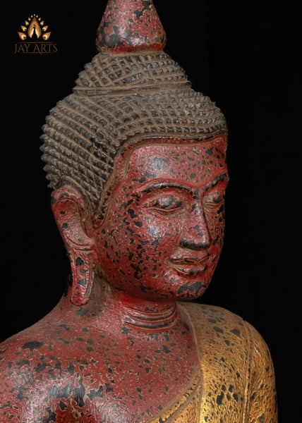 18" Cambodian Wood Buddha in Dhyana Mudra | Hand-Carved Statue Red & Gold Finish