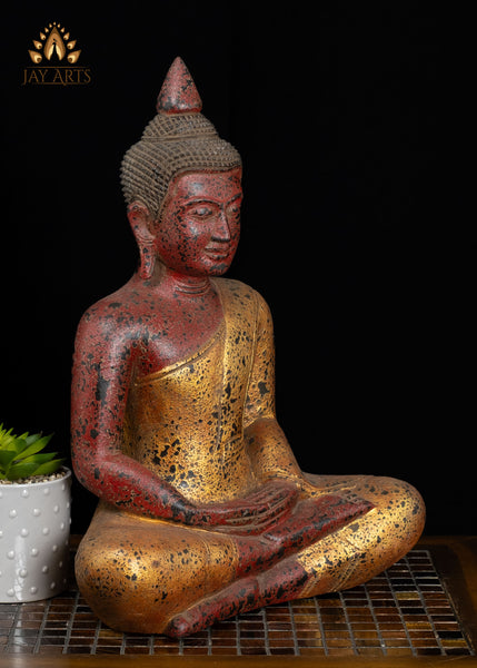 18" Cambodian Wood Buddha in Dhyana Mudra | Hand-Carved Statue Red & Gold Finish