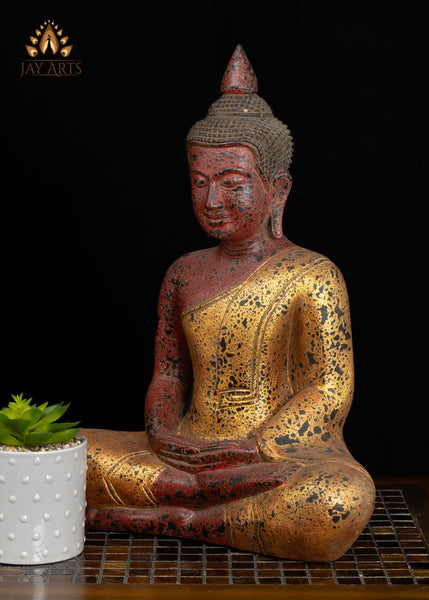 18" Cambodian Wood Buddha in Dhyana Mudra | Hand-Carved Statue Red & Gold Finish