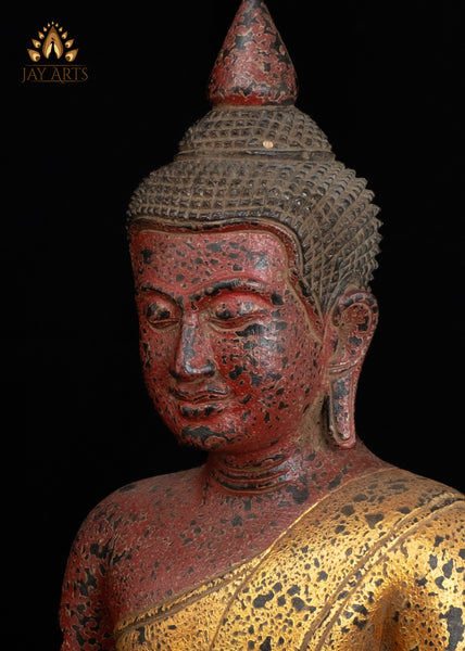 18" Cambodian Wood Buddha in Dhyana Mudra | Hand-Carved Statue Red & Gold Finish