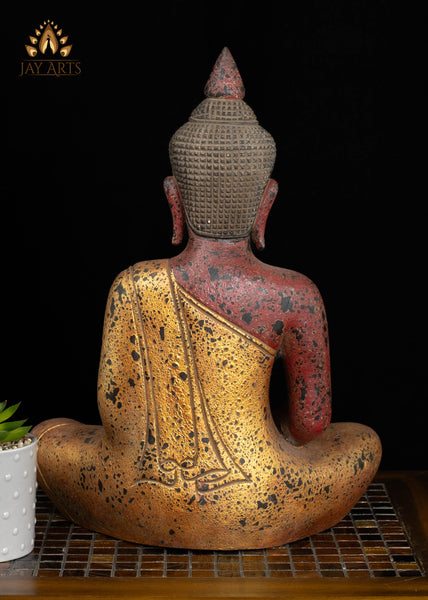18" Cambodian Wood Buddha in Dhyana Mudra | Hand-Carved Statue Red & Gold Finish