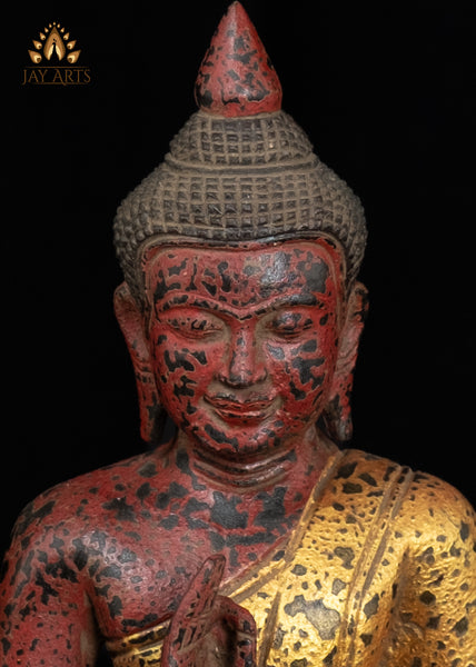 10" Hand-carved Cambodian Wood Buddha in Vitarka Mudra Antique Finish