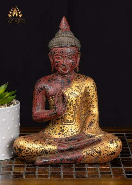 10" Hand-carved Cambodian Wood Buddha in Vitarka Mudra Antique Finish