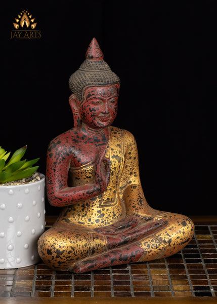 10" Hand-carved Cambodian Wood Buddha in Vitarka Mudra Antique Finish
