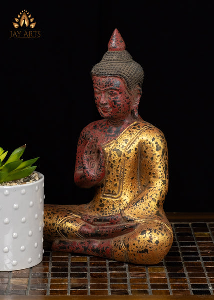 10" Hand-carved Cambodian Wood Buddha in Vitarka Mudra Antique Finish