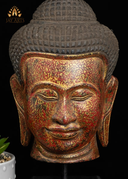 14" Khmer Wood Buddha Head Red & Gold Finish | Hand-Carved in Cambodia