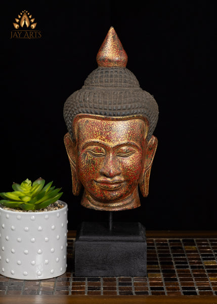 14" Khmer Wood Buddha Head Red & Gold Finish | Hand-Carved in Cambodia