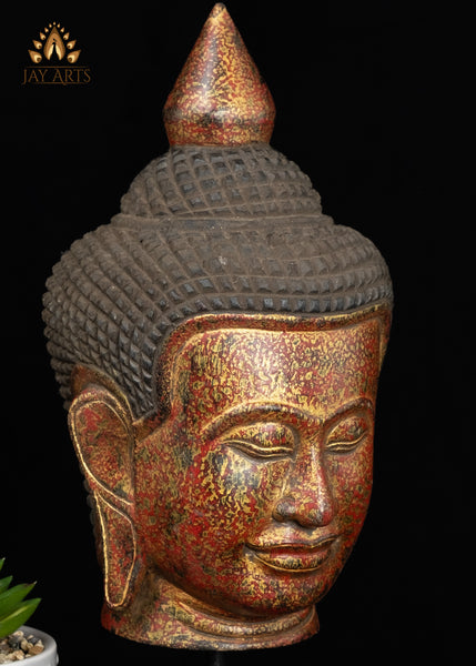 14" Khmer Wood Buddha Head Red & Gold Finish | Hand-Carved in Cambodia