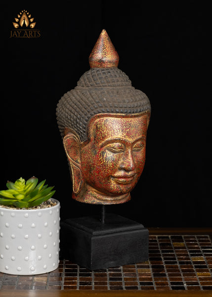 14" Khmer Wood Buddha Head Red & Gold Finish | Hand-Carved in Cambodia