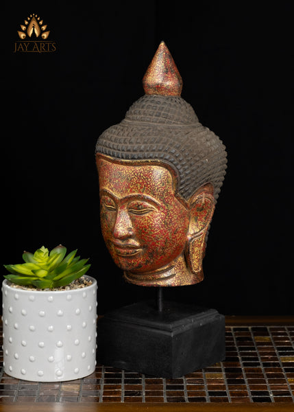 14" Khmer Wood Buddha Head Red & Gold Finish | Hand-Carved in Cambodia