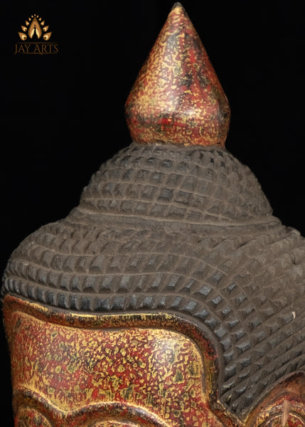 14" Khmer Wood Buddha Head Red & Gold Finish | Hand-Carved in Cambodia
