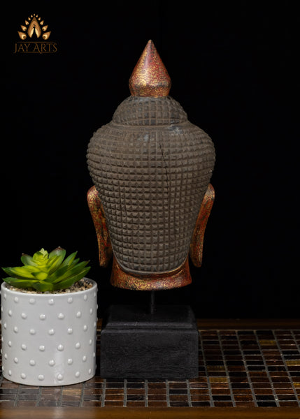 14" Khmer Wood Buddha Head Red & Gold Finish | Hand-Carved in Cambodia