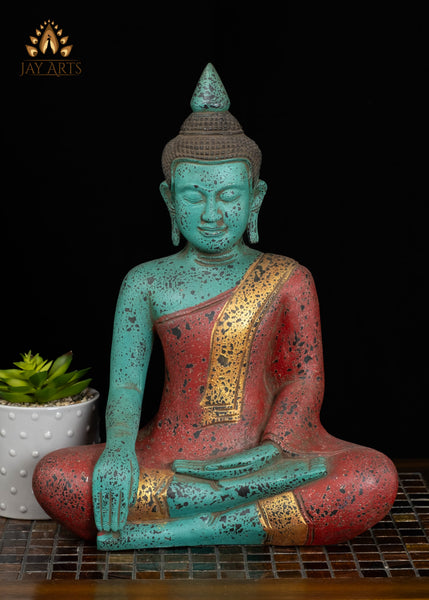 15" Cambodian Buddha in Bhumisparsha Mudra Wood Statue | Vibrant Turquoise & Red Finish
