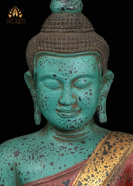15" Cambodian Buddha in Bhumisparsha Mudra Wood Statue | Vibrant Turquoise & Red Finish
