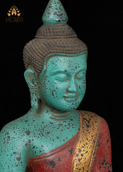 15" Cambodian Buddha in Bhumisparsha Mudra Wood Statue | Vibrant Turquoise & Red Finish